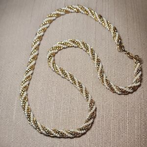 Vintage Gold-Tone & Faux Pearl Twisted Rope Necklace in Excellent Condition